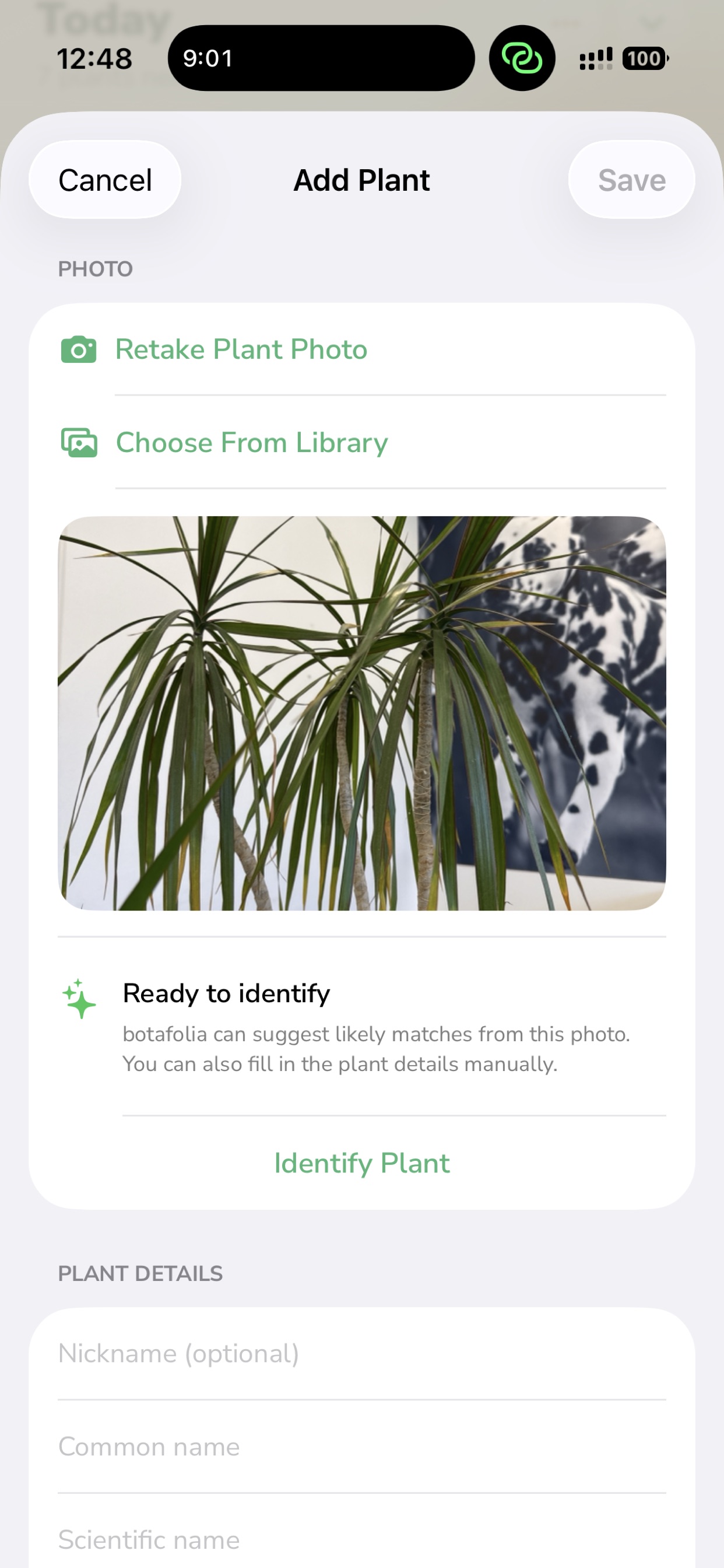 Botafolia add plant screen with optional AI plant identification.