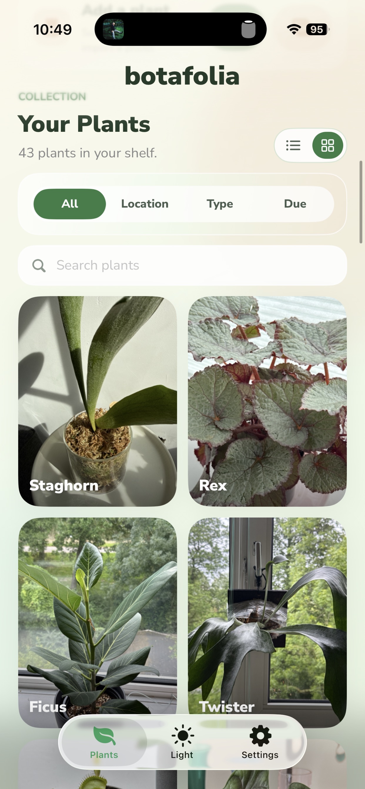 Botafolia app home screen showing plant care status, add plant actions, and a plant collection.