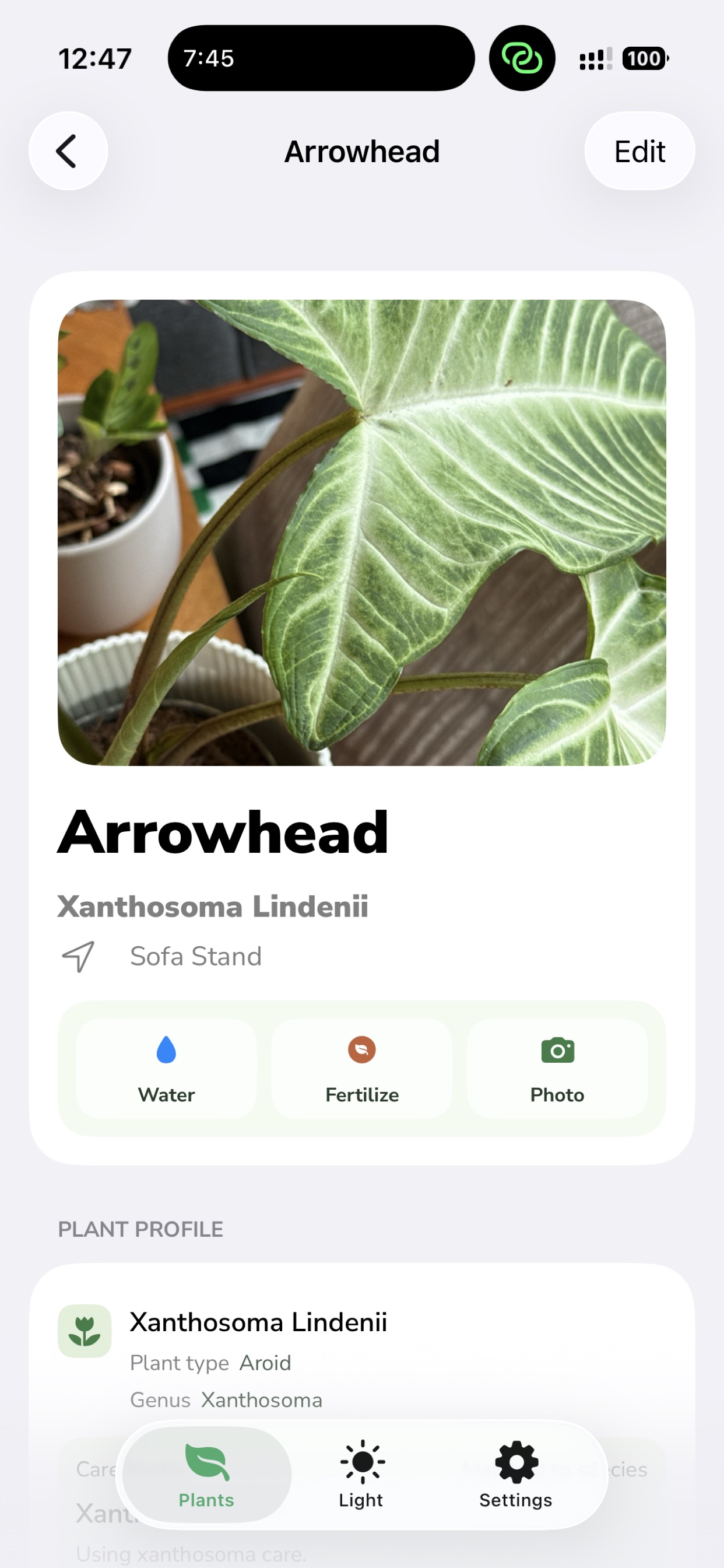 Botafolia plant detail screen.