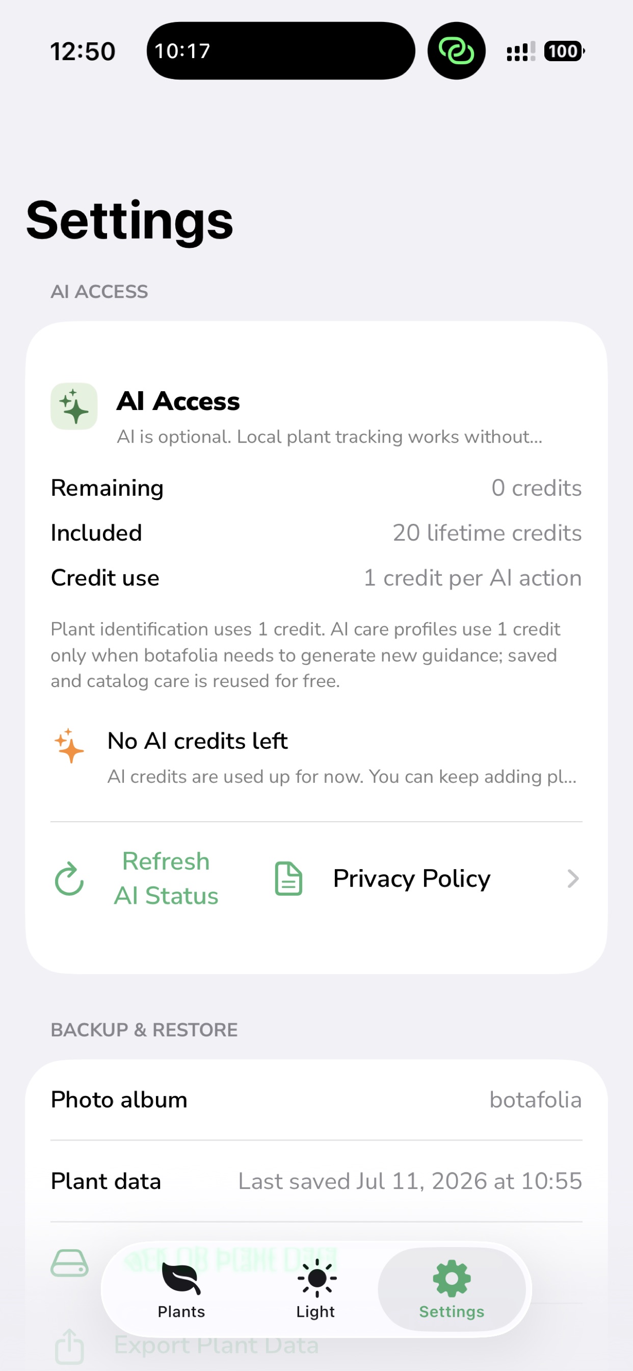 Botafolia settings and privacy screen.